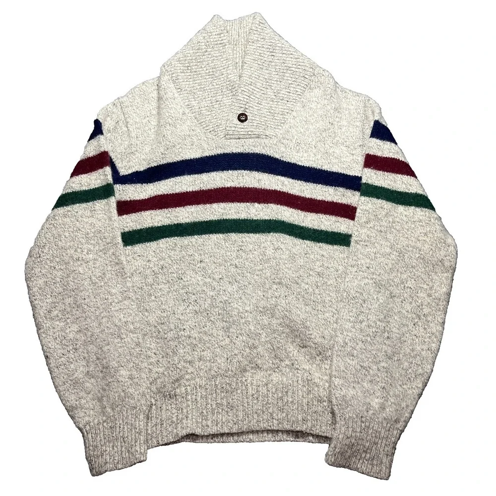 Vintage EDDIE BAUER Wool Blend Shawl Collar Knit Sweater Stripes Mens Small READ